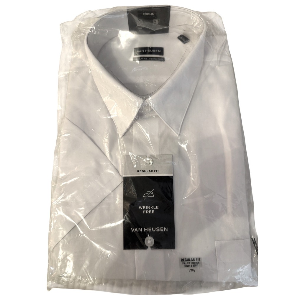 Van Heusen Mens White Short Sleeve Regular Fit Wrinkle Free Poplin Shirt 17.5